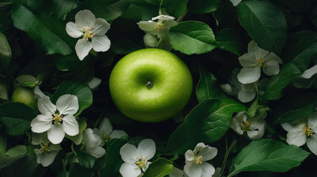 A bright green apple surrounded by fresh leaves and blossoms, capturing the essence of nature simplicity and beautyの素材