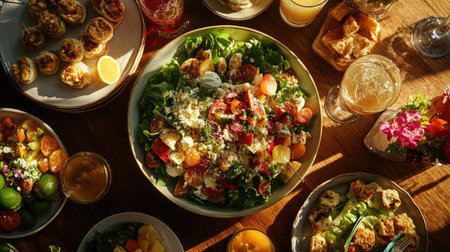 A dining table covered with a variety of dishes, featuring a big bowl of fresh salad, surrounded by appetizers and drinks.の素材