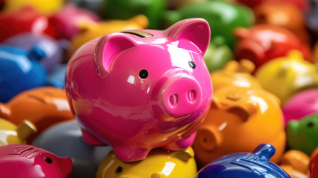 A shiny pink piggy bank placed on top of a pile of colorful, vintage piggy banks, symbolizing savings across generationsの素材