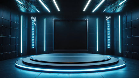 Empty stage with a futuristic high-tech podium, glowing with 3D light effects, creating a perfect modern sci-fi presentation space.の素材
