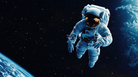 Astronaut floating in the black void of space with Earth visible in the background.の素材