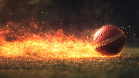 Cricket ball racing through the air with a flame-lit trail, showcasing the energy and intensity of a fast-paced cricket match.の素材