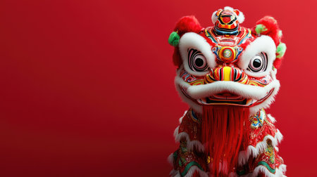 Vibrant lion dance costume set against a solid red background, evoking energy and cultural festivity.の素材
