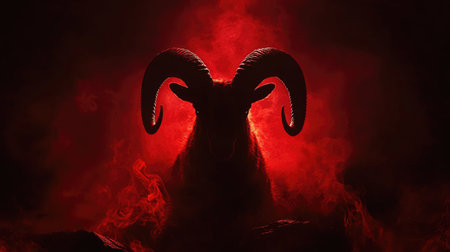 Ram's head silhouette in a dark setting, with red smoke rising dramatically from below.の素材