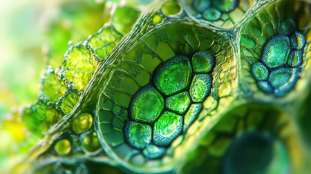 A highly detailed close-up of plant cells under a microscope, showcasing chloroplasts and vibrant green cellular structures.の素材