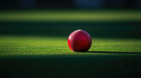 A vibrant red cricket ball rests on the green field, showcasing the equipment ready for play in a cricket match.の素材