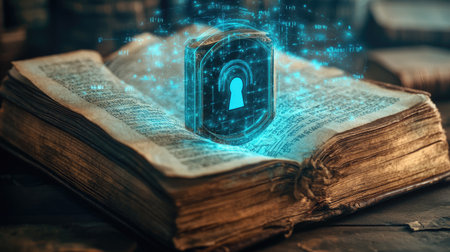 Cybersecurity meets history as a digital lock hovers over a worn manuscript, illustrating the safeguarding of ancient secrets through modern tech.の素材