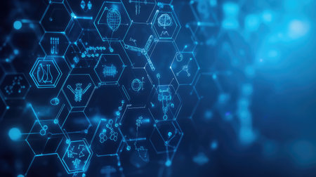 Abstract background featuring medical symbols, scientific tools, and technology elements for healthcare innovation and research.の素材