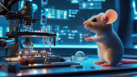 A genius mouse actively working in a high-tech research laboratory, operating complex instruments with precision and intellect.の素材