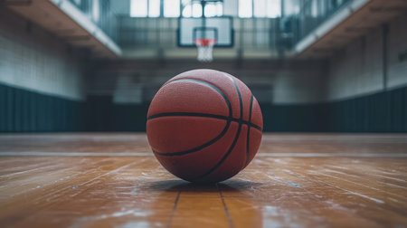 Close-up of a basketball resting on a wooden floor court, capturing the essence of sports training and competition in a gymnasium setting.の素材