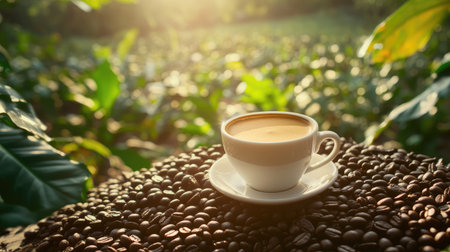Hot coffee in a cup placed on roasted beans, surrounded by the greenery of a coffee plantation under the morning sunの素材