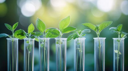 A group of young plants growing inside test tubes, representing scientific research in biotechnology and sustainable agriculture.の素材