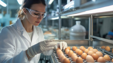 Scientist inspecting chicken eggs in a high-tech agricultural lab, focusing on biotechnology research and food quality control for sustainable farmingの素材