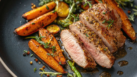 A beautifully roasted pork tenderloin glazed with mustard, served with a side of vibrant, roasted vegetables, embodying culinary perfection.の素材
