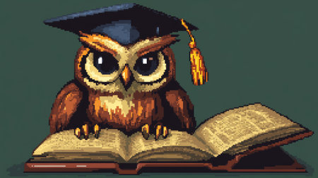 An 8-bit cartoon owl, wearing a graduation cap and laying next to a book, representing education and achievement in pixel art form.の素材