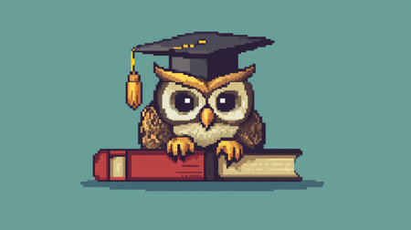 An 8-bit cartoon owl, wearing a graduation cap and laying next to a book, representing education and achievement in pixel art form.の素材