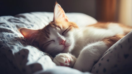A sleepy cat dozing on a soft bed with its head on a pillow, capturing a tranquil and cozy moment.の素材
