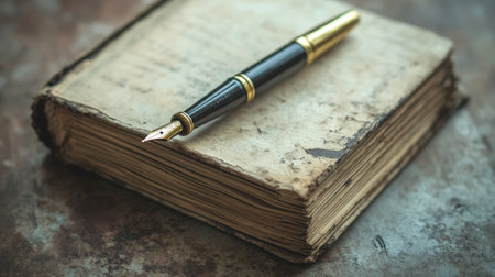 A vintage pen rests on an aged, weathered book, its worn pages and cover showcasing a sense of history and nostalgia.の素材
