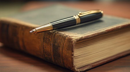 An elegant pen sits atop an old hardcover book, hinting at stories of the past and literary journeys.の素材