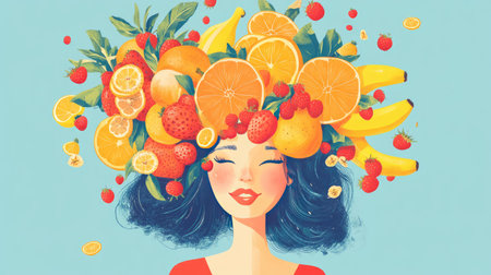 A whimsical illustration of a woman whose head is full of fruits, with bright oranges, bananas, and berries, exuding joy and vibrancy.の素材