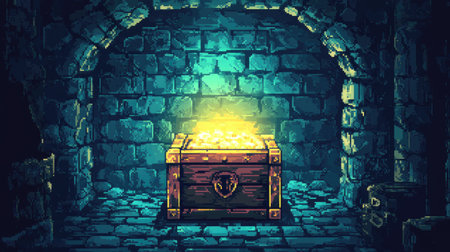 An 8-bit pixel art treasure chest glowing in a dark dungeon, surrounded by stone walls, evoking a classic retro adventure gameの素材