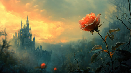An enchanted castle stands tall in the background as a delicate rose blooms in the foreground, symbolizing love, beauty, and mystery.の素材