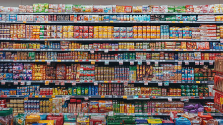 Colorful products arranged neatly on grocery store shelves, providing a vivid and inviting scene of a well-stocked supermarketの素材