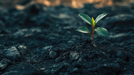A young plant sprouting from a bed of ashes, symbolizing new life and hope emerging from destruction.の素材