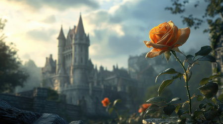 An enchanted castle stands tall in the background as a delicate rose blooms in the foreground, symbolizing love, beauty, and mystery.の素材