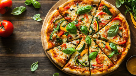 Delicious veggie pizza with melted cheese, fresh vegetables, and herbs, placed on a wooden table ready for servingの素材