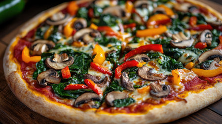 Close-up of a veggie pizza with vibrant toppings like mushrooms, spinach, and peppers, on a wooden surface.の素材