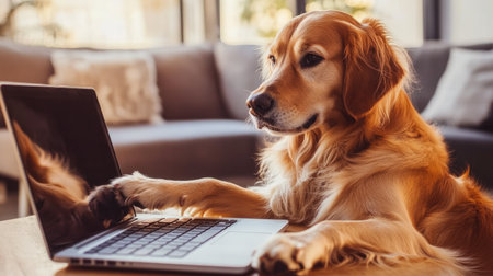 Golden retriever using a laptop at home, paw on the keyboard, as if working in a virtual office environment.の素材