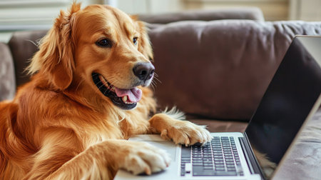 Golden retriever in a home office, paws on the keyboard of a laptop, depicting a fun and creative work-from-home setup.の素材