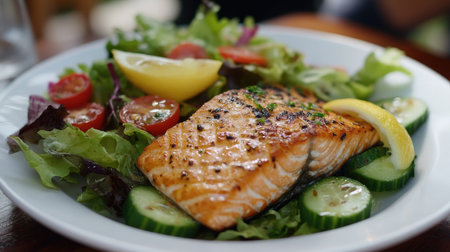 Grilled salmon and a fresh garden salad with leafy greens, tomatoes, and cucumbers, served with a lemon wedge.の素材