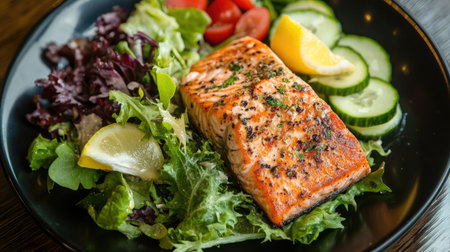 Grilled salmon and a fresh garden salad with leafy greens, tomatoes, and cucumbers, served with a lemon wedge.の素材
