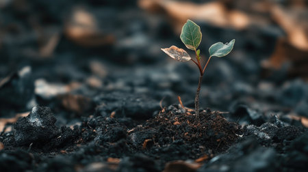 New life grows from the ashes, with a small plant sprouting in the foreground, symbolizing regeneration and hope.の素材