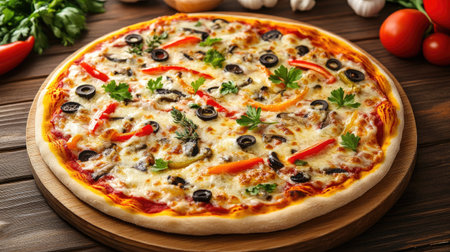 Delicious veggie pizza with melted cheese, fresh vegetables, and herbs, placed on a wooden table ready for servingの素材