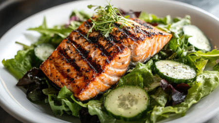 Delicious grilled salmon on a bed of fresh salad, featuring crisp greens, cucumbers, and a light drizzle of vinaigrette.の素材