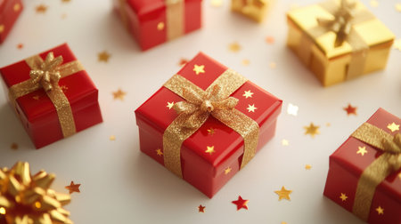 Red and gold gift boxes surrounded by twinkling stars on a white background, creating a festive and celebratory scene.の素材