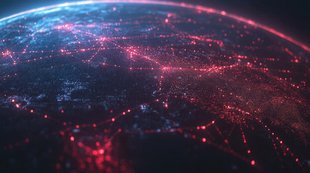 Glowing lines connecting points on a globe, representing the spread of digital data and a global network in a futuristic concept.の素材
