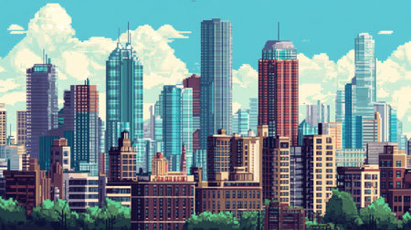 Retro urban landscape in 8-bit pixel art style, featuring colorful skyscrapers and streets filled with nostalgia and pixelated charmの素材