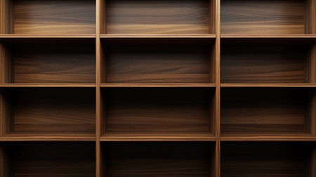 Minimalist 3D-rendered bookshelf with wooden texture, its empty shelves inviting space for books or decor in a sleek designの素材