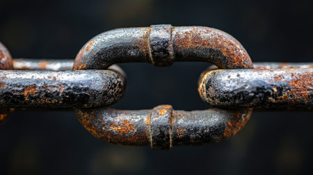 A close-up of a chain link, showing a black and rusty surface, symbolizing strength and the passage of time.の素材