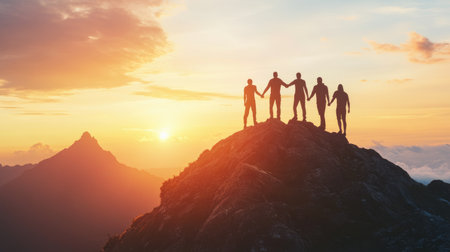 Silhouetted figures holding hands atop a mountain at sunset, symbolizing unity and connection in natureの素材