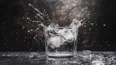 A glass of water with ice cubes splashes across the table, water droplets scattering in all directions, capturing a sense of motion and energy.の素材