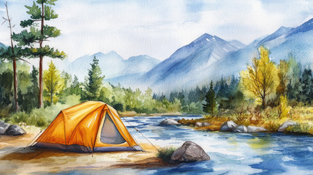 Watercolor illustration of a tent pitched by a flowing river, with trees and mountains in the background, perfect for a tranquil camping escape.の素材