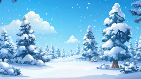 Snow-covered trees in a wintery cartoon landscape, with plenty of space for text, creating a fun and festive seasonal backdrop.の素材
