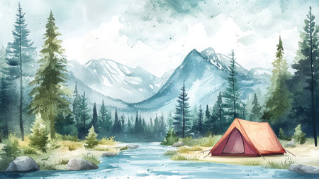 Watercolor illustration of a tent pitched by a flowing river, with trees and mountains in the background, perfect for a tranquil camping escape.の素材