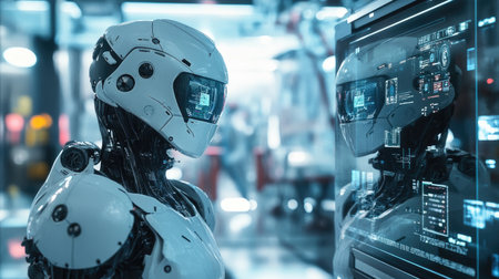 A futuristic AI robot stares at its mirrored reflection in a cutting-edge science lab, with digital displays and high-tech apparatus around it.の素材
