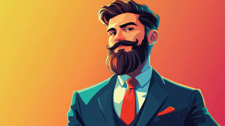 A cartoonish bearded man in a suit and tie, illustrated with exaggerated features and bright colors, standing with a grin.の素材